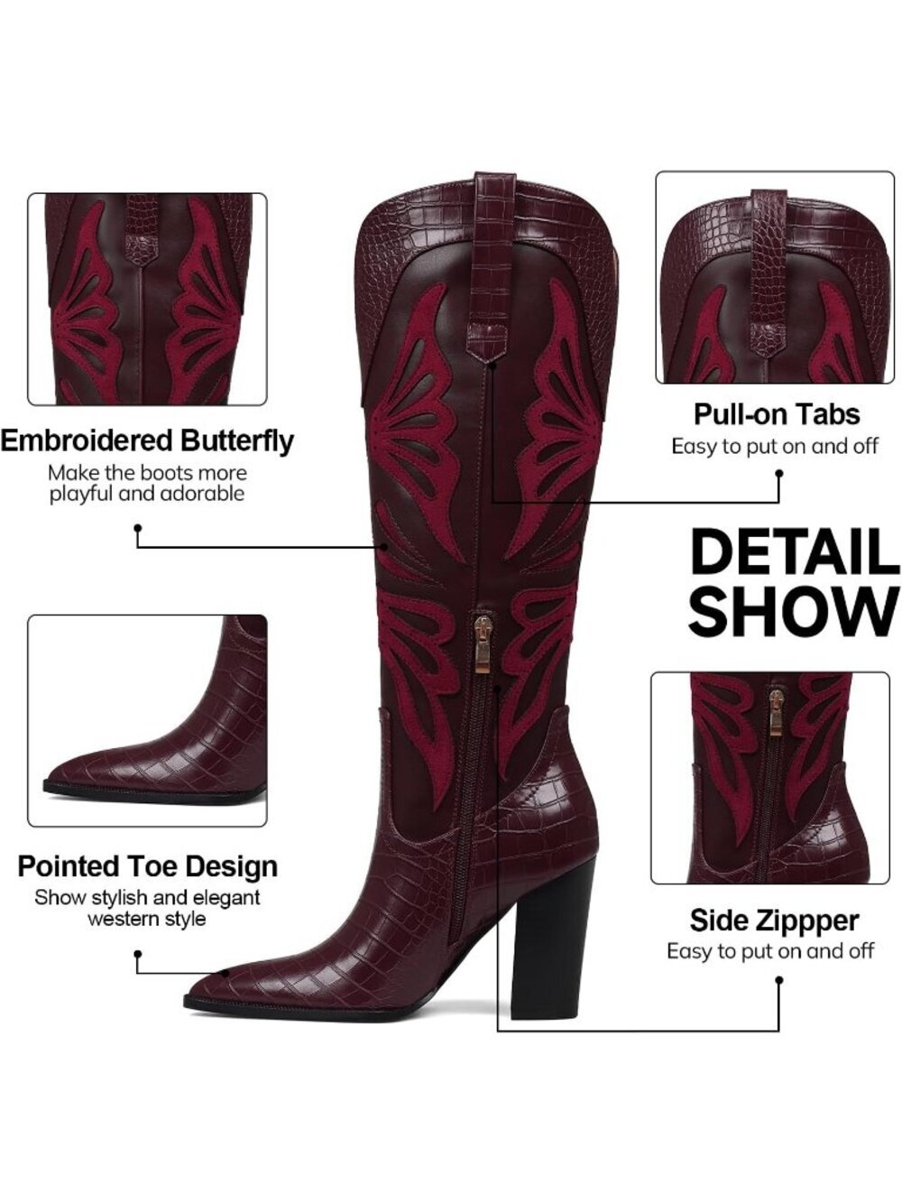 Women's Burgundy Rubber Pointed Toe Chunky Butterfly Wide Calf Knee High Boots - Picture 5 of 7